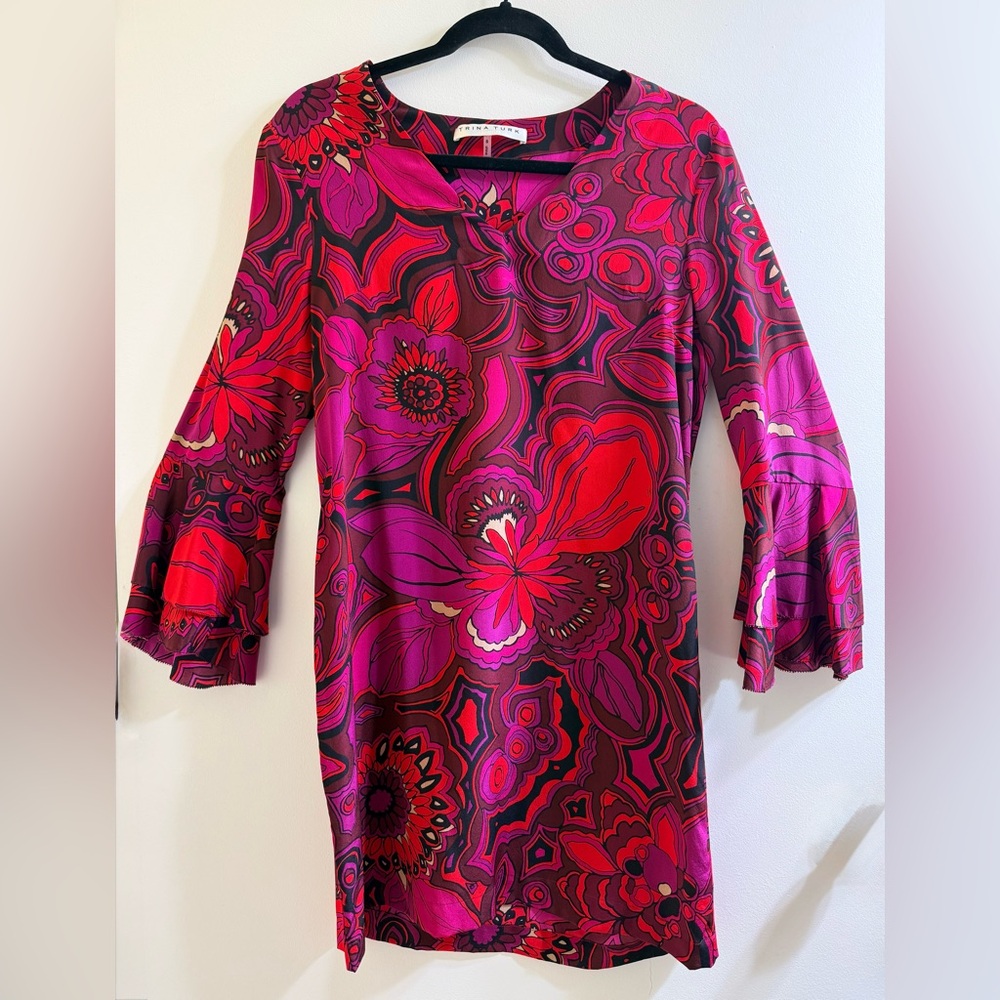 Trina Turk 100% Silk Red and Pink Floral Long Sleeve Mini Dress Size S